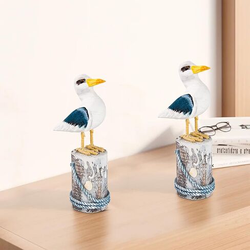 EVINIS Wooden Seagull Figurine, 2 Pcs Hand Painted Nautical Sea Bird Statue Coastal Beach Home Decor Rustic Vintage Creative Indoor Art for Table Desk Office Bird Decor in Kuwait