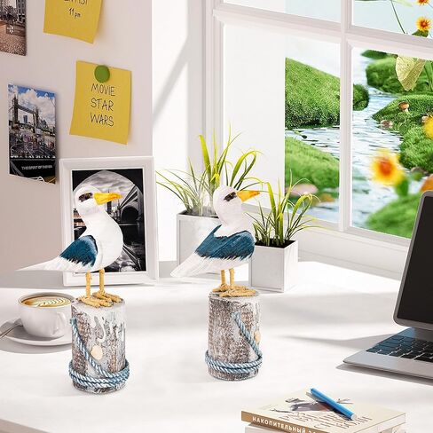 EVINIS Wooden Seagull Figurine, 2 Pcs Hand Painted Nautical Sea Bird Statue Coastal Beach Home Decor Rustic Vintage Creative Indoor Art for Table Desk Office Bird Decor in Kuwait