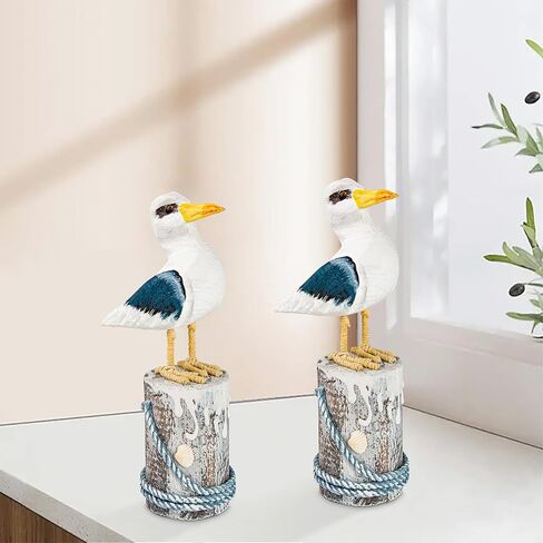 EVINIS Wooden Seagull Figurine, 2 Pcs Hand Painted Nautical Sea Bird Statue Coastal Beach Home Decor Rustic Vintage Creative Indoor Art for Table Desk Office Bird Decor in Kuwait