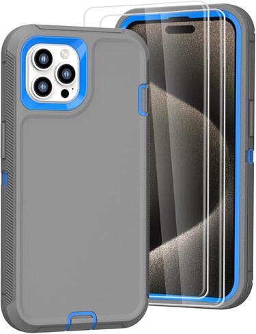 متوافق مع iPhone 15 Pro Max Case [2 حامي الشاشة + 2 حامي عدسة الكاميرا + حزام مقطع] غلاف الجسم العسكري الكامل ، حالة حماية مقاومة للصدمات الثقيلة 6.7 "(Darkgray Green) in Kuwait
