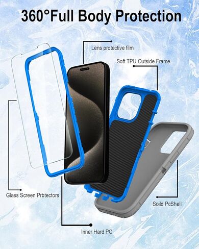 متوافق مع iPhone 15 Pro Max Case [2 حامي الشاشة + 2 حامي عدسة الكاميرا + حزام مقطع] غلاف الجسم العسكري الكامل ، حالة حماية مقاومة للصدمات الثقيلة 6.7 "(Darkgray Green) in Kuwait