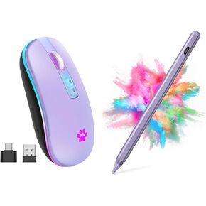 KARFUN 2.4G Rechargeable Wireless Mouse, 7 Color Breathing Lights Computer Mouse (Light Purple) Bundle with Stylus Pen for iPad, Apple Pencil for iPad 2018-2023 with Palm Rejection (Purple)