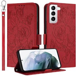 JanCalm for Samsung S21 Case Wallet,[RFID Blocking][Card Cash Slots][Wrist Strap] Floral Butterfly Cute Pattern Leather Protective Stand Flip Cases Cover for Galaxy S21 (Red)