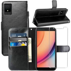 for TCL K11 Case,with Screen Protector,PU Leather Wrist Strap Card Slots Shockproof Protective Flip Cover Phone Wallet Case for TCL K11 T432W, Black