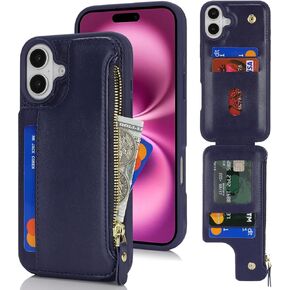 Cavor for iPhone 16 Plus Case with Card Holder,for iPhone 16 Plus Wallet Case for Women, Leather Zipper Pocket Shockproof Phone Case-Leopard White