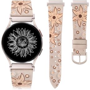 Minyee Leather Bands Compatible with Samsung Galaxy Watch 7 Band/Watch FE 6 5 4 40mm 44mm/Watch 5 pro Band 45mm/Watch 6 4 Classic 47mm 43mm 42mm 46mm, Boho Embossed Sunflower Designer 20mm Watch Band