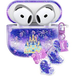 Coralogo for Apple for Airpods 4 Case - Women Girls Cute Girly Kawaii 4th Generation for Airpods Cover Glitter Liquid Sparkle Purple Castle Hard Shell Keychain Funda Estuche Forro para Airpod 4 Gen