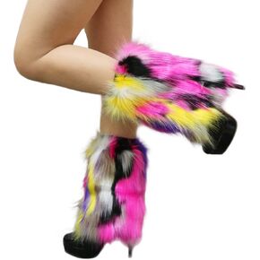 Popuid Tie Dye Women Furry Leg Warmers Faux Fur Boot Covers Fluffies Cuffs, 9.8" Tall (Hot Pink-Turquoise) in Kuwait