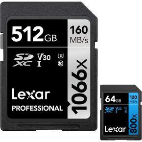 Lexar Professional 1066x SDXC UHS-I Card Silver Series 512GB Memory Card Bundle with Lexar 64GB High-Performance 800x UHS-I SDHC Memory Card (Blue Series)