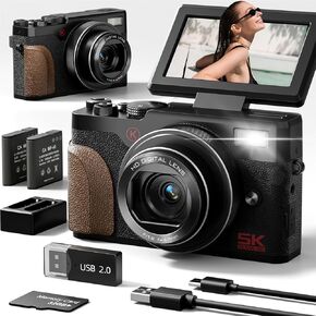 5K Digital Cameras for Photography Autofocus,64MP Vlogging Cameras for YouTube,18X Digital Zoom Travel Camera with Anti-Shake,2 Batteries,32GB SD Card（Black）
