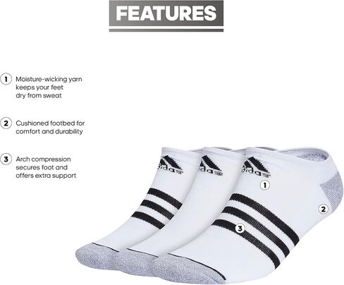 adidas Men's 3-Stripe No Show Socks with Arch Compression for a Secure fit (3-Pair), Black/Onix Grey/White, Large in Saudi Arabia