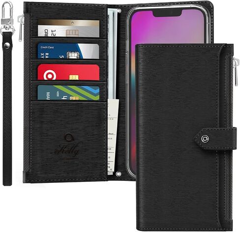 JUST4YOU Zipper Wallet Case for Apple iPhone 13 Pro Max with Wrist Strap Premium PU Leather Folding Stand Card Holder Flip Case (Black) CS_FC_ZC_I13PM_BK in Saudi Arabia
