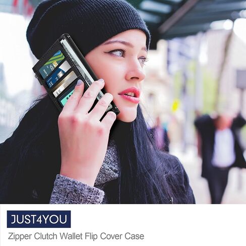 JUST4YOU Zipper Wallet Case for Apple iPhone 13 Pro Max with Wrist Strap Premium PU Leather Folding Stand Card Holder Flip Case (Black) CS_FC_ZC_I13PM_BK in Saudi Arabia