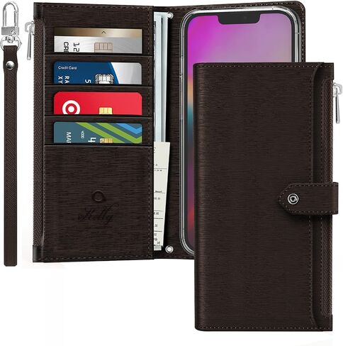 JUST4YOU Zipper Wallet Case for Apple iPhone 13 Pro Max with Wrist Strap Premium PU Leather Folding Stand Card Holder Flip Case (Black) CS_FC_ZC_I13PM_BK in Saudi Arabia