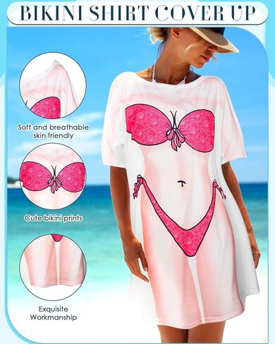 Jeyiour 8 Pcs Women's Bikini Cover up Dress Short Sleeve Bikini Shirt Bikini Print Funny Nightgown Baggy Swimwear Cover Up in Saudi Arabia