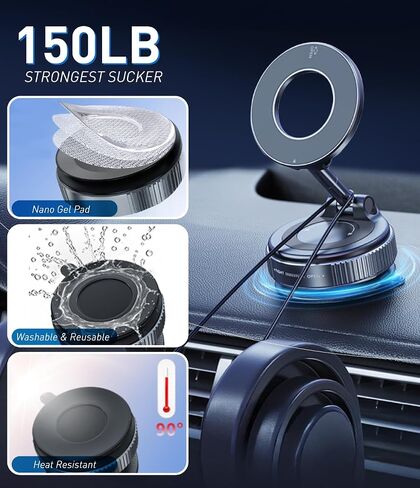 Upgraded Vacuum Magnetic Car Phone Holder 360° Reinforced 150LBS Ultra Suction Cup Phone Mount for MagSafe Cell Phone Holders for Your Car/Gym/Mirror Mount for iPhone & Android in Saudi Arabia
