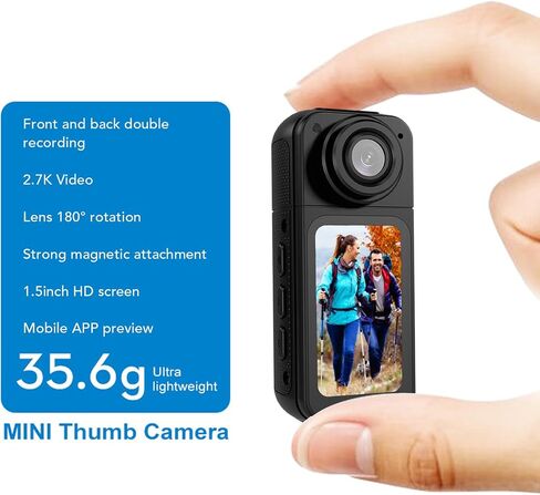 Yoidesu WiFi Wearable Camera Thumb Action Camera 2.7K Ultra HD 180° Adjustable 1.5 Inch Screen Built in WiFi APP Control Magnetic Hanging Rope for Pet Working Travel Sports (Black) in Kuwait