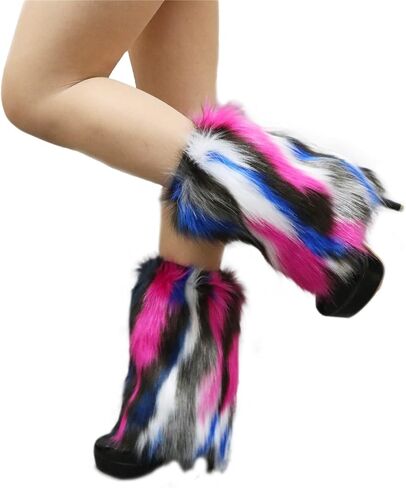 Popuid Tie Dye Women Furry Leg Warmers Faux Fur Boot Covers Fluffies Cuffs, 9.8" Tall (Hot Pink-Turquoise) in Kuwait
