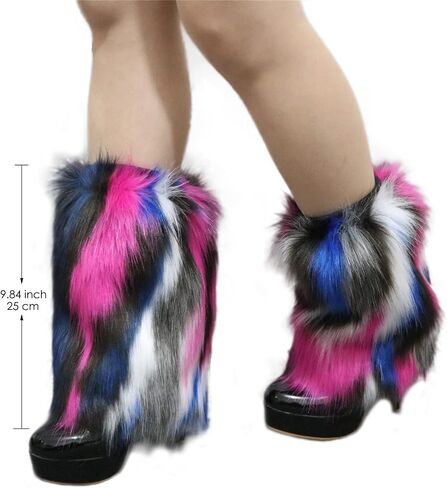 Popuid Tie Dye Women Furry Leg Warmers Faux Fur Boot Covers Fluffies Cuffs, 9.8" Tall (Hot Pink-Turquoise) in Kuwait