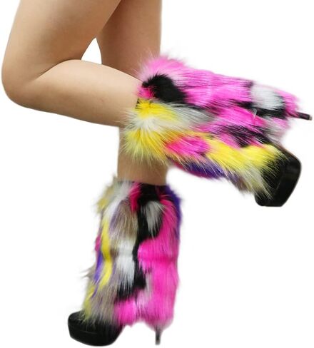 Popuid Tie Dye Women Furry Leg Warmers Faux Fur Boot Covers Fluffies Cuffs, 9.8" Tall (Hot Pink-Turquoise) in Kuwait
