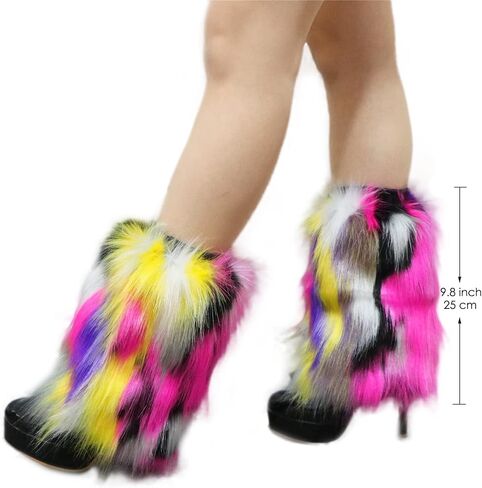 Popuid Tie Dye Women Furry Leg Warmers Faux Fur Boot Covers Fluffies Cuffs, 9.8" Tall (Hot Pink-Turquoise) in Kuwait