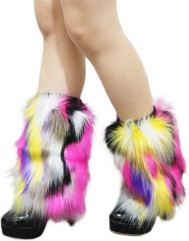 Popuid Tie Dye Women Furry Leg Warmers Faux Fur Boot Covers Fluffies Cuffs, 9.8" Tall (Hot Pink-Turquoise) in Kuwait