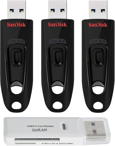 Sandisk 128GB (3 Pack) Ultra 130MB/S USB 3.0 DRIVE DRIVE SDCZ48-128G مع (1) قارئ بطاقة Goram (128 جيجابايت) in Saudi Arabia