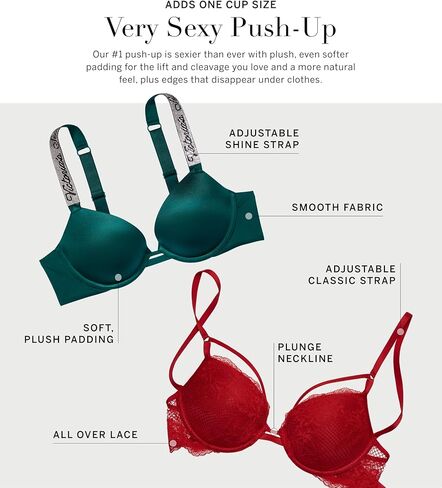 Victoria's Secret Shine Strap Push Up Bra, Adds One Cup Size, Padded, Plunge Neckline, Lace, Bras for Women, Very Sexy Collection, Black Monogram (36DD) in Saudi Arabia