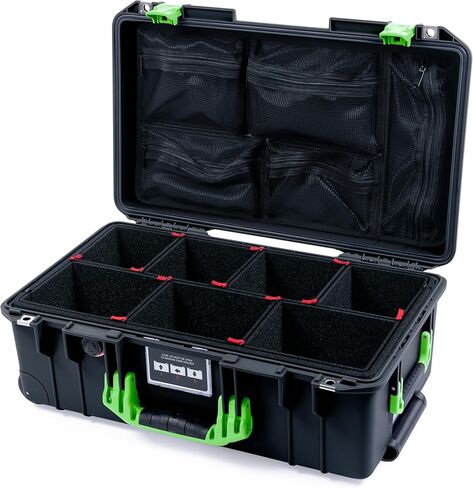 Pelican Air 1535 Carry-on Case by ColorCase - Black - Medium Size Waterproof Case with TrekPak Divider System & Mesh Lid Organizer - Lime Green Handles & Latches in Kuwait
