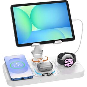 30W Magnetic Wireless Charger for Samsung Foldable Android Mag-Safe Charging Station for Galaxy Tab with Clock &7 Color Light, Watch Charger for S25 Ultra, for Samsung Watch7, Galaxy Buds3 Pro(Black