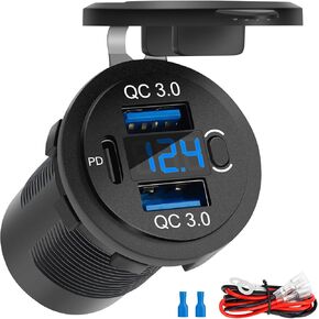 مزدوج QC3.0 18W & PD 30W ميناء شحن سريع ، مقبس شاحن CAR USB C مع الفولتميتر ، مخرج USB 12 فولت لسيارة القارب البحري