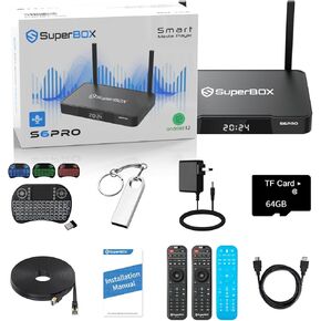Modle 2024 Super Box S6 PRO with Alternate Mini Keyboard, 128GB USB Flash Disk,Remote Soft Case,Ethernet Cable,64G Tf Card,Voice Remote Control，Detailed Installation Instruction