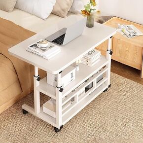 C Table for Sofa Adjustable Height, Slide Under Couch Tables for Laptop,C Shaped End Table Modern,C Shaped End Tables with Rolling Wheels for Home,Office,White,60 * 40cm