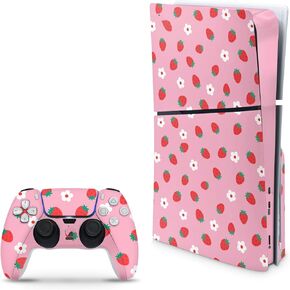 Compatible with PS5 Slim Skin for Console and Controllers by ZOOMHITSKINS, 3M Vinyl Decal Cover Sticker, Strawberry Fruit Pastel Pink Daisy Flower Red Ichigo Kawaii Anime Cute, Durable, Bubble-Free