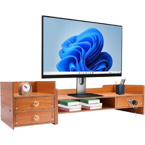 Wood Computer Monitor Stand for Desk Monitor Riser with Drawers & Lock Monitor Stand Organizer Desk Storage Shelf Desk Accessories & Workspace Organizers for Home Office (3 Drawers)