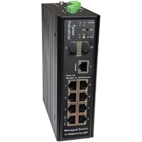 TP-SW8GAT/24-SFP - Managed 8 Port Industrial PoE Switch, 2 1Gb SFP, Ports 1-8 24/48V Passive or 802.3AT PoE, 30W