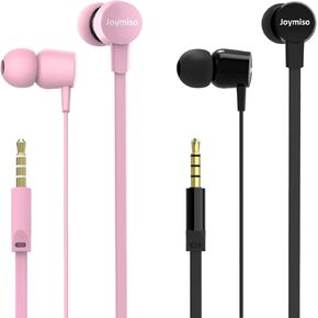 Joymiso Tangle Free Earbuds for Kids Women Small Ears with Case Blue and Pink Bundle, Comfortable Lightweight, Flat Cable Wired Earphones with Microphone and Volume Control for Cell Phone Laptop
