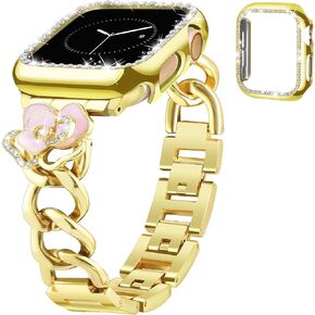 نطاقات مراقبة الذهب و bling pc case case متوافقة مع Apple Watch 40mm 38mm 41mm 42mm 44mm 45mm 45mm للنساء سلسلة سوار معادلة لطيفة الاستعمار المحلي الاستبدال المجوهر
