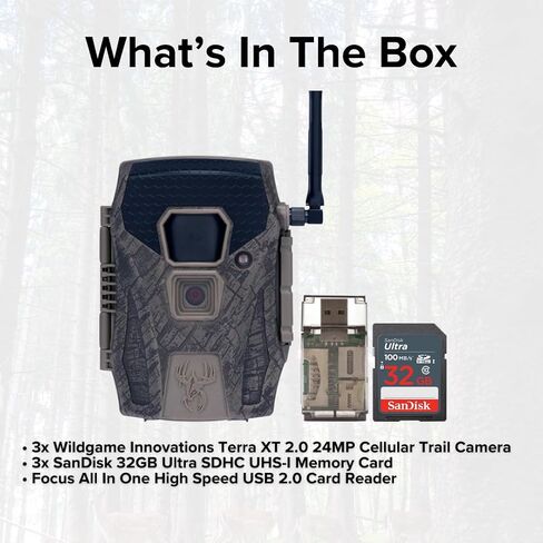 Wildgame Innovations Terra XT 2.0 24MP حزمة كاميرات تريل الخلوية مع بطاقة ذاكرة 32GB ULTRA SDHC UHS-I (100 ميجابت في الثانية) (3 عبوات) ، وقارئ بطاقات عالية السرعة في واحد (5 عناصر) in Kuwait