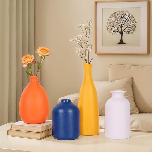 Multi-Color Ceramic Small Bud Vases Set of 4, White Yellow Orange Blue Vase, Modern Minimalism Style Vases for Rustic Home Decor, Ideal Decorative Vases for Living Room, Dining Room, Mantel, Entryway in Kuwait