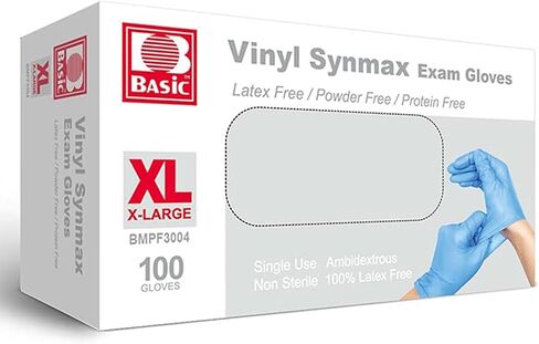 قفازات الفحص الطبية الأساسية Synmax Vinyl - خالية من اللاتكس وخالية من البودرة - كبيرة، BMPF-3003، صندوق أزرق مكون من 100 قطعة in Kuwait