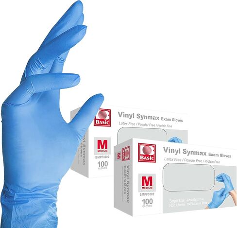 قفازات الفحص الطبية الأساسية Synmax Vinyl - خالية من اللاتكس وخالية من البودرة - كبيرة، BMPF-3003، صندوق أزرق مكون من 100 قطعة in Kuwait
