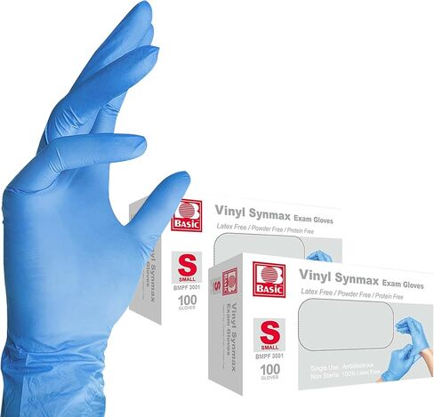 قفازات الفحص الطبية الأساسية Synmax Vinyl - خالية من اللاتكس وخالية من البودرة - كبيرة، BMPF-3003، صندوق أزرق مكون من 100 قطعة in Kuwait