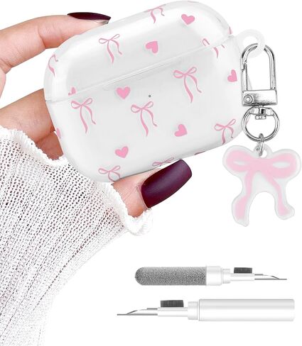 متوافق مع Airpods Pro Case ، تصميم جمالي كبير للقوس الكبير مع Carabiner ، ناعم TPU الجلد المضاد للخلع الغطاء الصدمات للنساء للنساء in Kuwait