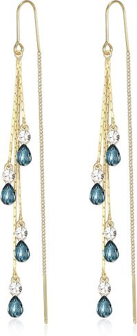 EleQueen Gold Plated Rhinestone Blue Marquise-Cut Pear-Shape Threader Chain Dangle Earrings for Women Girls in Saudi Arabia