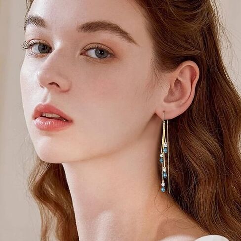 EleQueen Gold Plated Rhinestone Blue Marquise-Cut Pear-Shape Threader Chain Dangle Earrings for Women Girls in Saudi Arabia