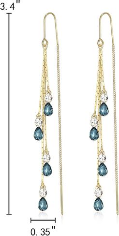 EleQueen Gold Plated Rhinestone Blue Marquise-Cut Pear-Shape Threader Chain Dangle Earrings for Women Girls in Saudi Arabia
