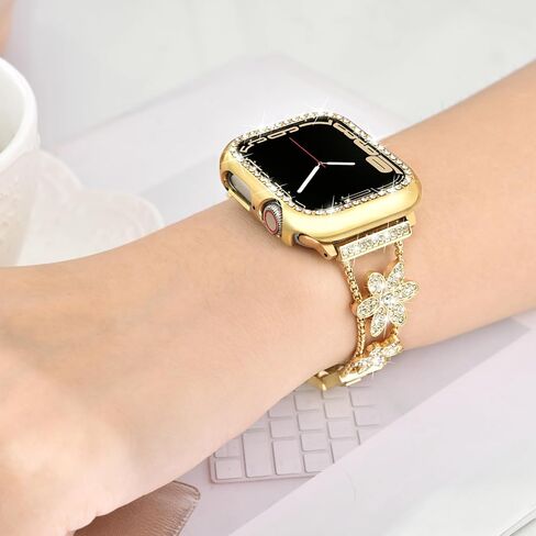 Gold Watch Bands & Bling PC Case Compatible with Apple Watch 40mm 38mm 41mm 42mm 44mm 45mm for Women Cute Metal Chain Bracelet Wristband Strap Jewelry Replacemen for iWatch Series SE/9/8/7/6/5/4/3/2/1 in Saudi Arabia