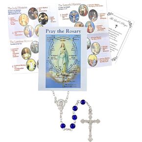 How To Pray The Rosary - Pray The Rosary Booklet, Dark Blue Glass Beads Rosary, Lord's Prayer Card | How To Pray The Rosary Pamphlet Set for Daily Prayers, Baptism, Communion, Confirmation | 3 Items
