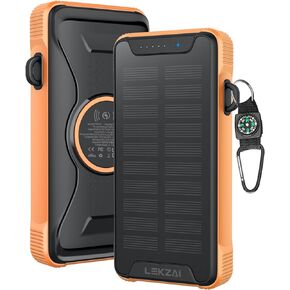 Lekzai Solar Charger Power Bank, Real Rated 10,000mAh Portable Wireless Fast Charger with USB-C PD 20W for for Cell Phones, External Battery Pack with LED Flashlight for Outdoor, Camping -Orange